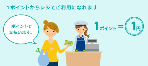 1ポイント＝1円として、1ポイントからレジでご利用になれます。